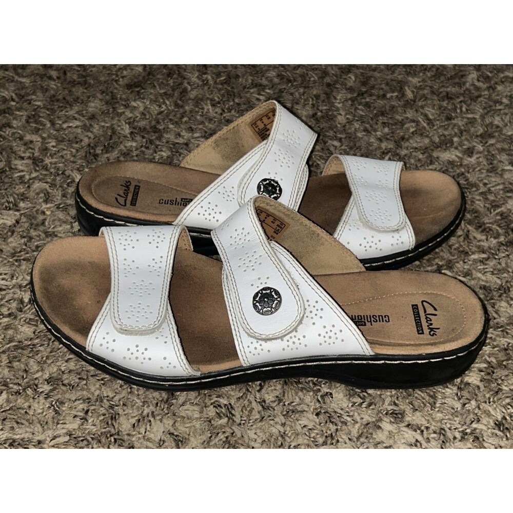Clarks Womens Leisa Lacole Sandal Size 9 M White Leather Slide Adjustable Shoe